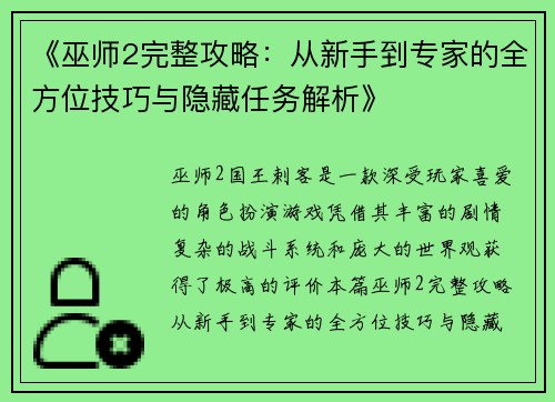 《巫师2完整攻略：从新手到专家的全方位技巧与隐藏任务解析》